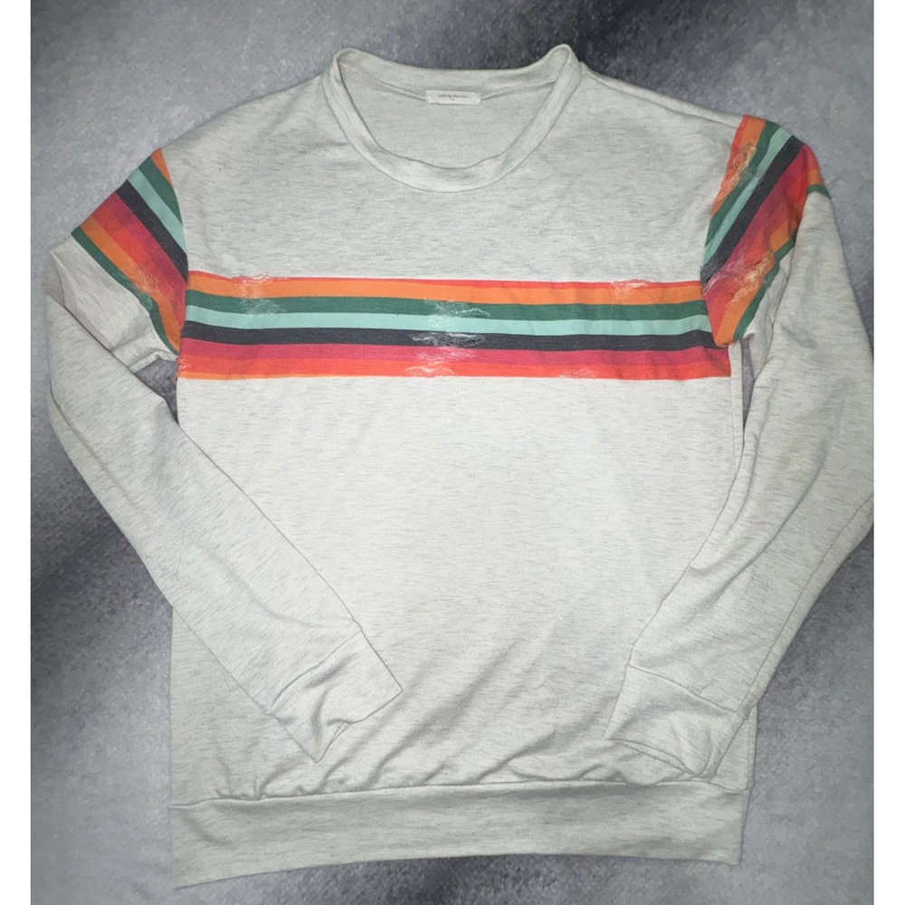 12PM by Mon Ami Womens Small Gray Retro Stripe Distressed Pullover Sweatshirt‎